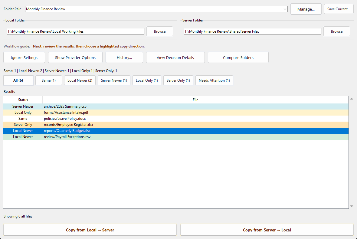 TraceSync comparison workspace showing saved folders, status filters, a needs-attention count, and explicit copy directions.