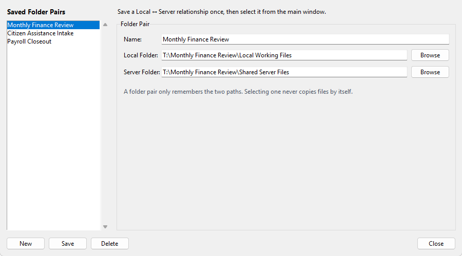 TraceSync Saved Folder Pairs manager with named Local and Server folder relationships.