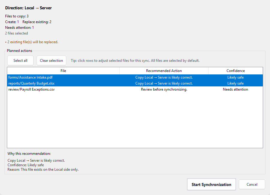 TraceSync synchronization preview showing copy direction, replacement counts, per-file selection, recommendations, and confidence.