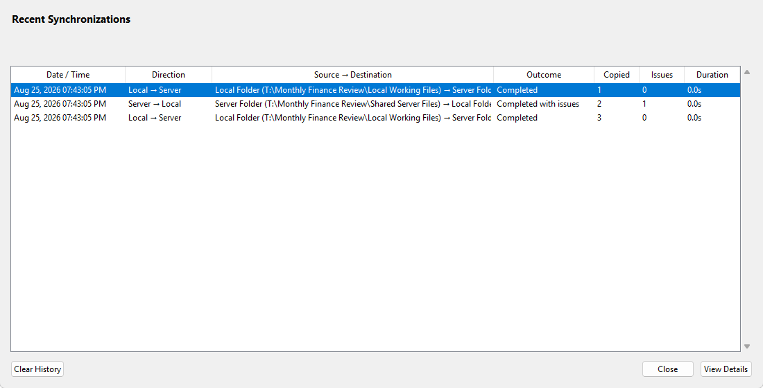 TraceSync synchronization history listing completed runs, directions, copied files, issues, and duration.